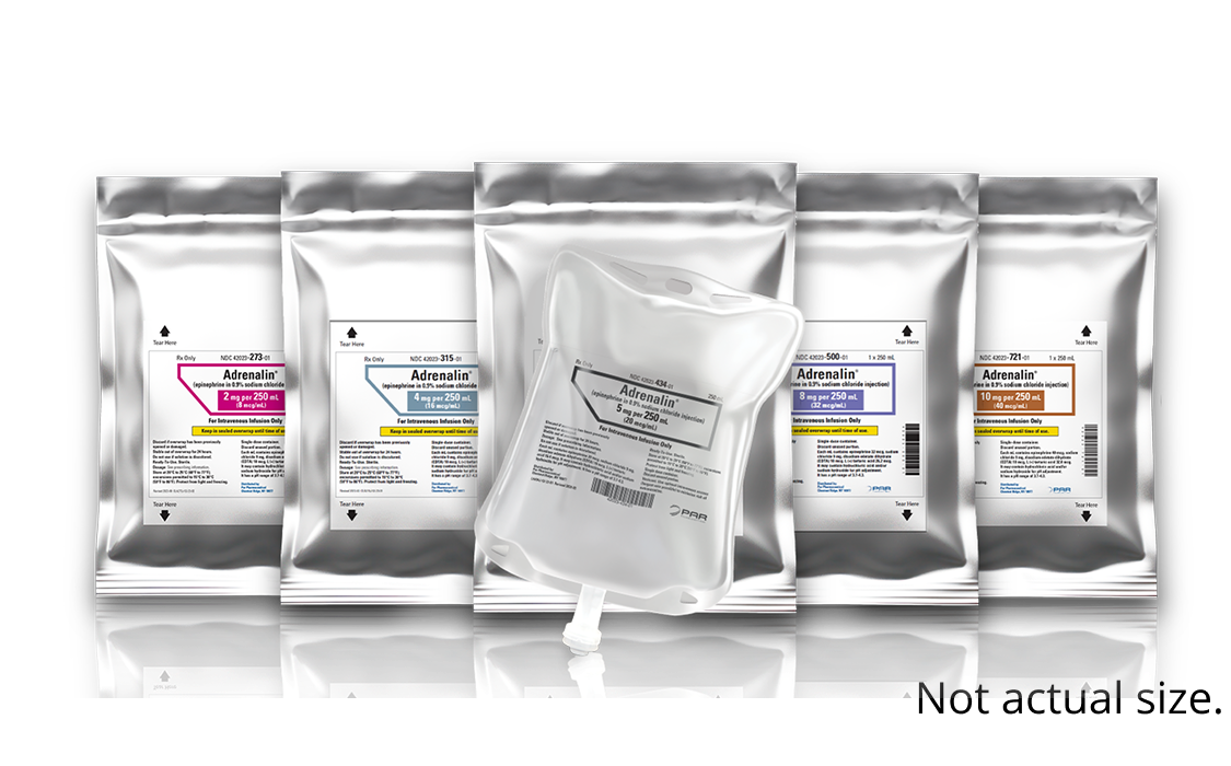 Adrenalin<sup>®</sup> product image in 4-mg, 5-mg, 8-mg, and 10-mg concentrations